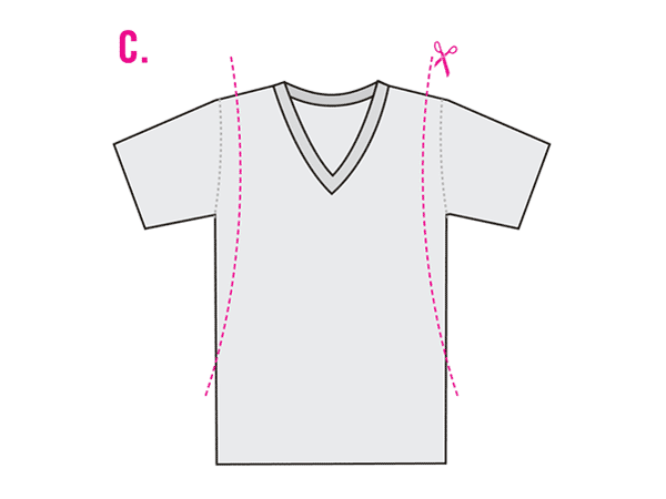 Diagram of a v-neck t-shirt with lines for a wider cut along the sleeves