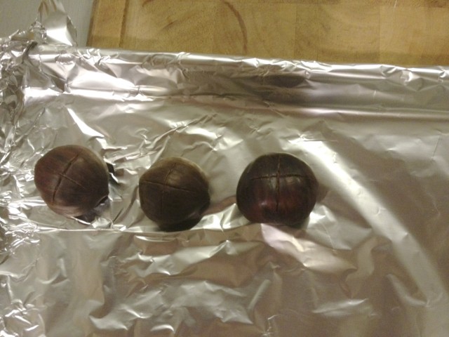 Cut x shapes into your chestnuts. They should look like this.