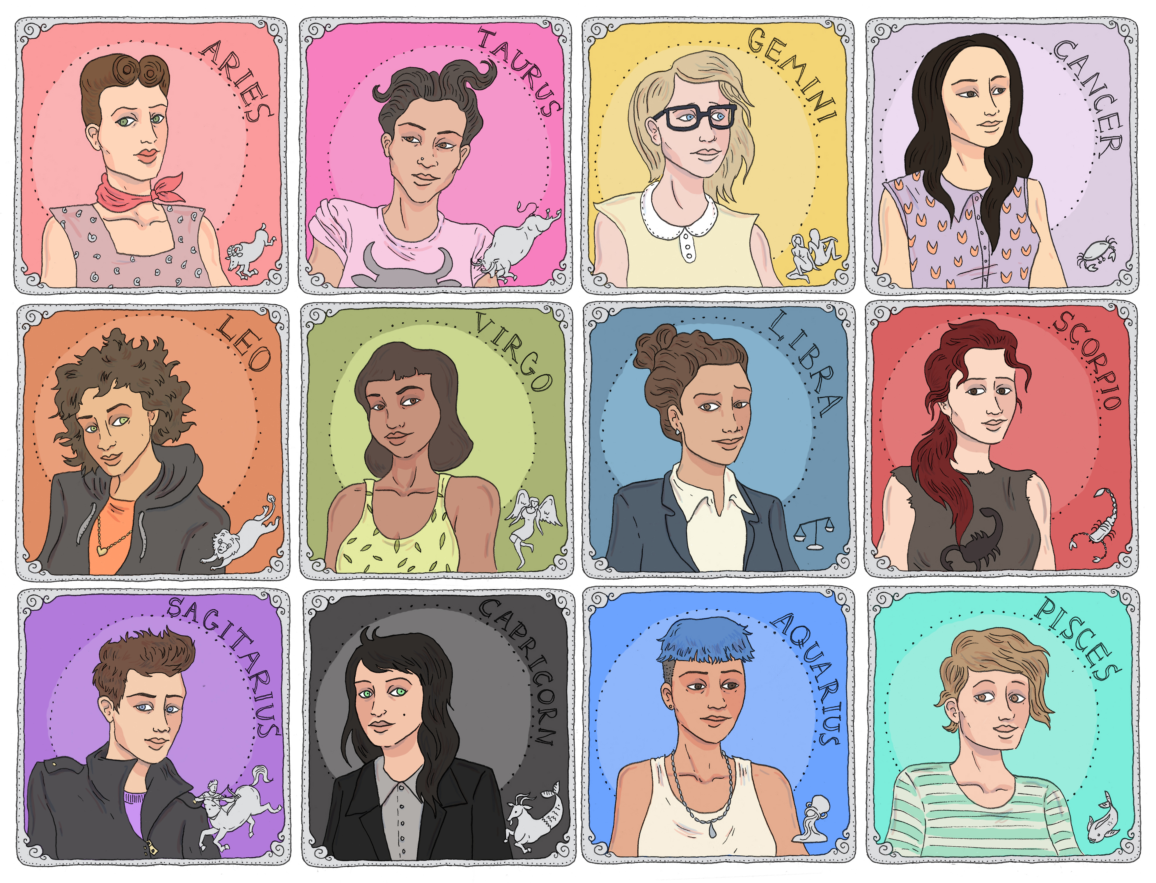 a collage of zodiac sign cartoons. the top row features aries, taurus, gemini and cancer. beneath it is leo, virgo, libra and scoripo. the last row features sagitarrius, capricorn, aquarius and pisces.