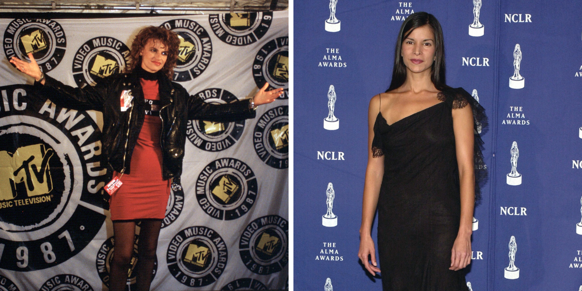 A two-panel image of Sandra Bernhard and Patricia Velasquez