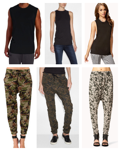 Center images top and bottom show Veer NYC Muscle tee and Camo drop crotch pants as shown in feature image. Left: Russel muscle tee / Obey camo pants Right: Forever21 Muscle tee / Forever21 deser camo pants