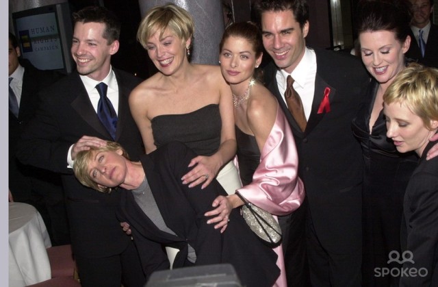 Sean Hayes, Ellen DeGeneres, Sharon Stone, Debra Messing, Eric McCormack, Megan Mullaly and Anne Heche at a 2000 HRC Gala