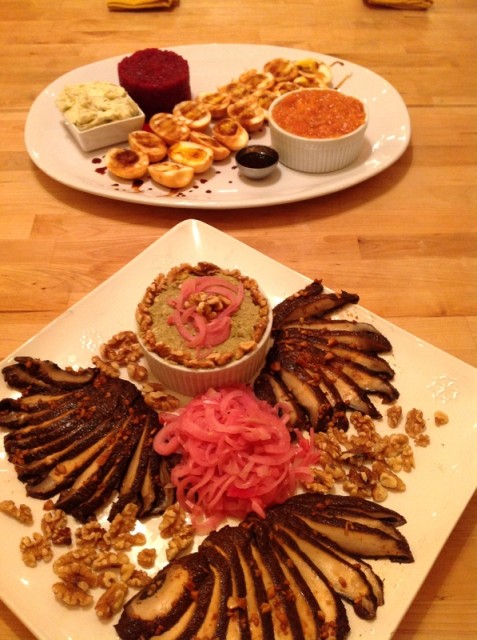 Vegeterian charcuterie: Pea & walnut pâté, persimmon jam, smoked portobello filet, smoked farm egg, pickled onion, fresh baguette via sevenspecies.org