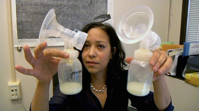 Karin shows the results after pumping in her office at work.
