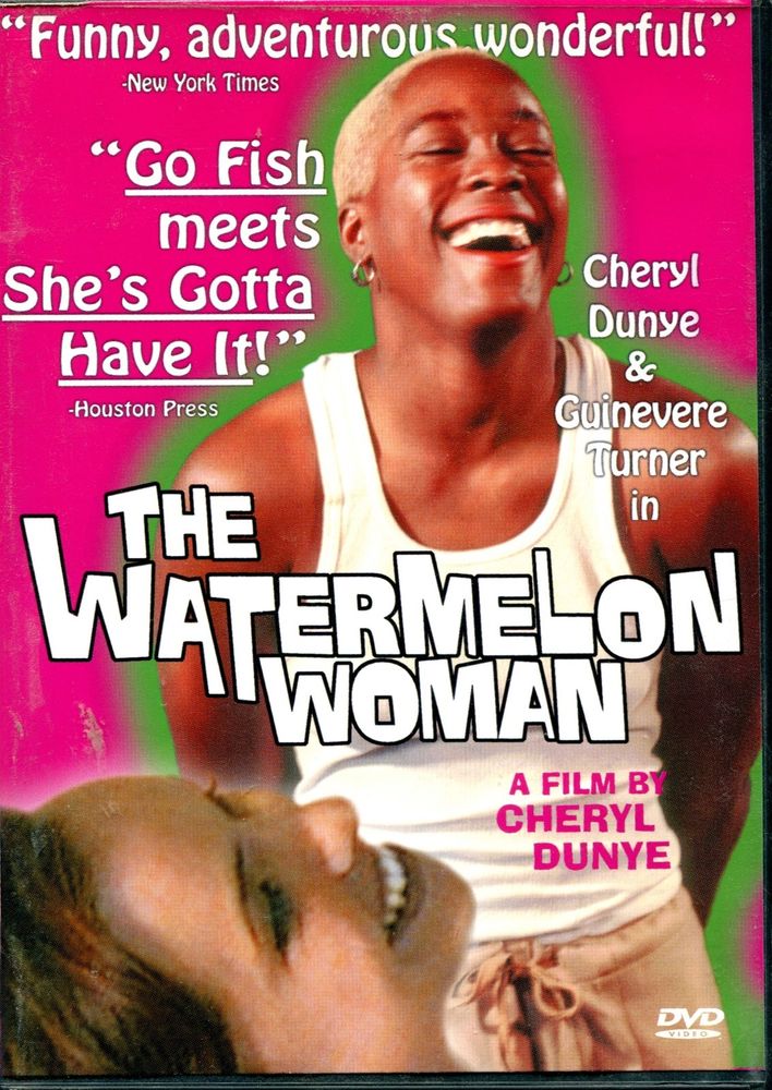 image shows a white and Black woman laughing widely. There is a pink background and the words "The Watermelon Woman" are on top with reviews for the film.