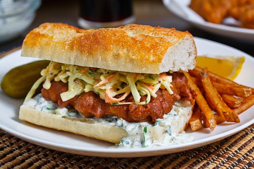 Crispy Beer Battered Fish Sandwich with Coleslaw and Tartar Sauce and a Side of Fries 2 500