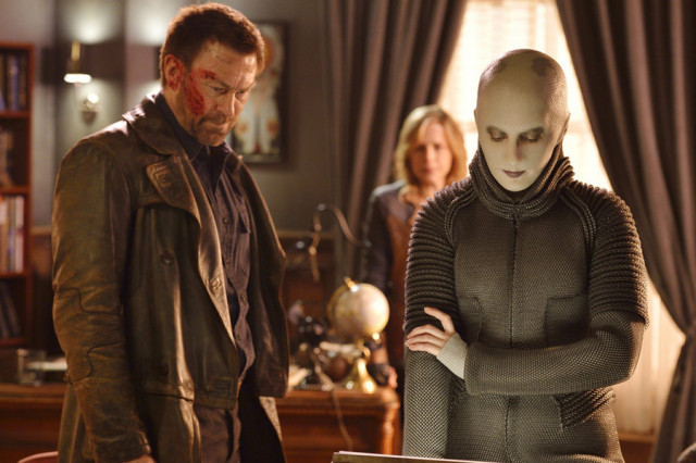 DEFIANCE -- "My Name is Datak Tarr and I Have Come to Kill You" Episode 308 -- Pictured: (l-r) Grant Bowler as Joshua Nolan, Trenna Keating as Doc Yewll -- (Photo by: Ben Mark Holzberg/Syfy)