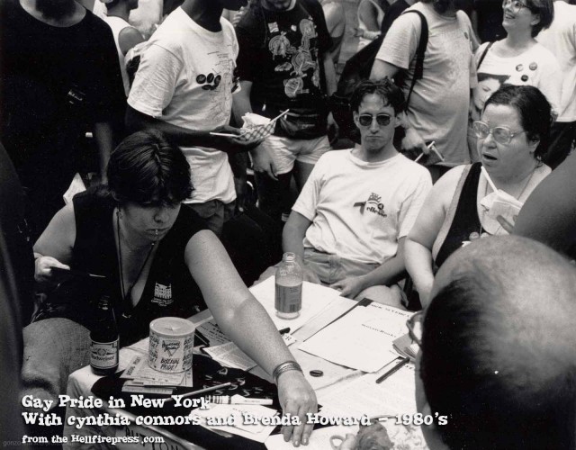 Brenda Howard distributes materials with other bi activists at a Gay Pride event in New York in the 1980s. Photo by Efrain Gonzalez. 