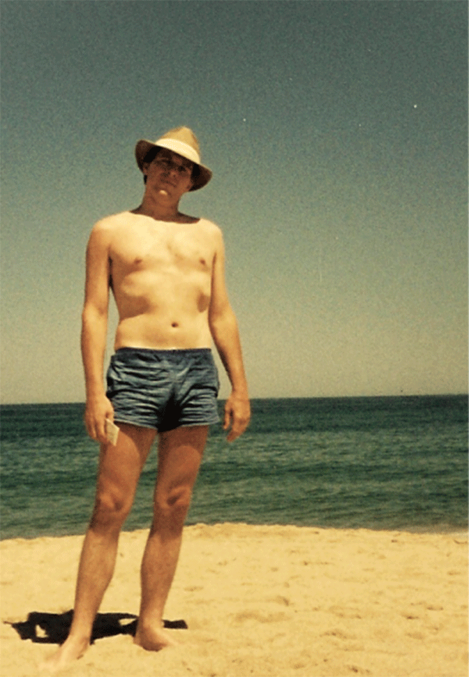 dadbeach Rachel'd dad on the beach, an animation of an anatomical heart in white lines flashes on his chest