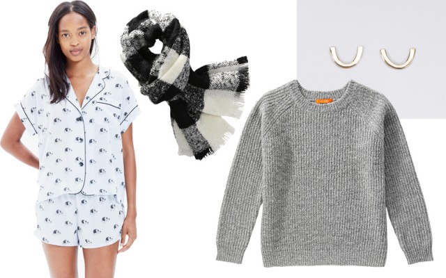 Silk Terrier Top, Silk Terrier Shorts, Joe Fresh Plaid Scarf, Joe Thick Shaker Knit Sweater, Curve Earrings 