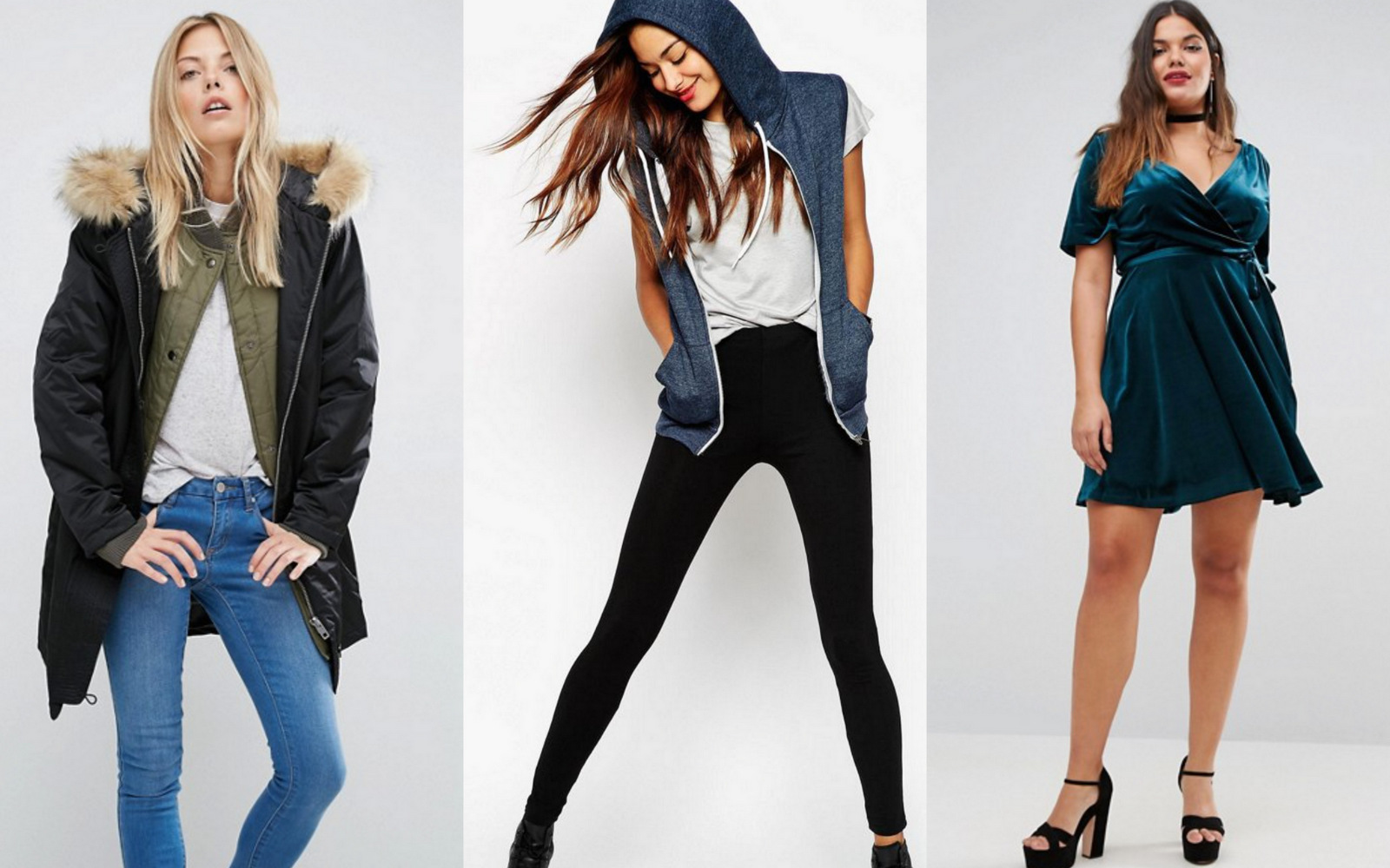 ASOS 3 in 1 Parka with Rib Collar - $84.70 (from $121) // ASOS TALL High-Waisted Leggings in Black - $8.75 (from $12.50) // New Look Plus Velvet Wrap Front Dress - $30.10 (from $43)