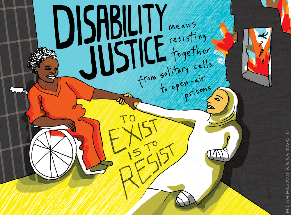 An animated rendering of a black woman in an orange jumpsuit reaching for the hand of a Middle Eastern woman in hijab and with her left leg and arm amputated. The text above them says 