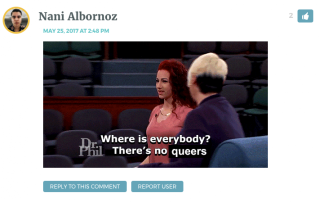 Gif of the Dr. Phil Cash Me Outside Girl Saying, "where is everybody? There's no (queers)"