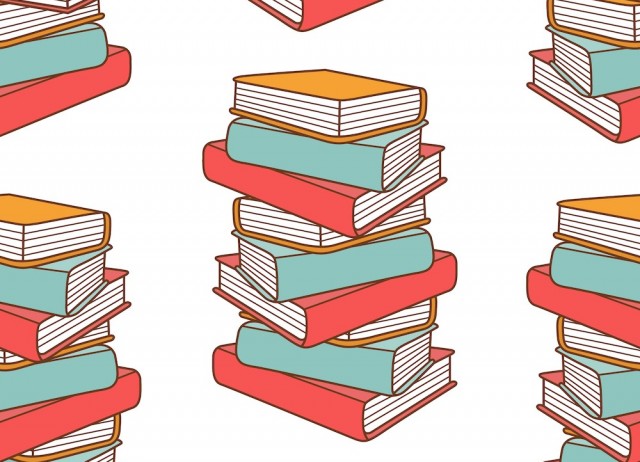 vector illustration of stack of books in red, blue, and yellow on a white background