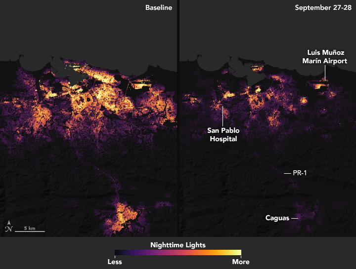 San Juan, capital of the commonwealth, before and after Hurricane Maria. Data was acquired by the Visible Infrared Imaging Radiometer Suite (VIIRS) “day-night band,