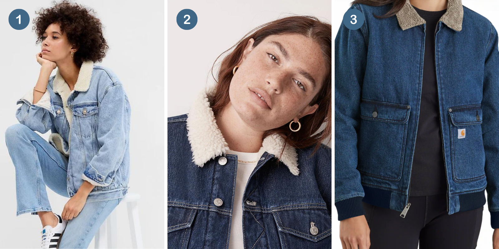Left to Right: 1. A light blue denim coat with beige sherpa lining, 2. a dark blue denim coat with beige sherpa lining, 3. A dark blue denim coat with tan sherpa lining and soft padding.