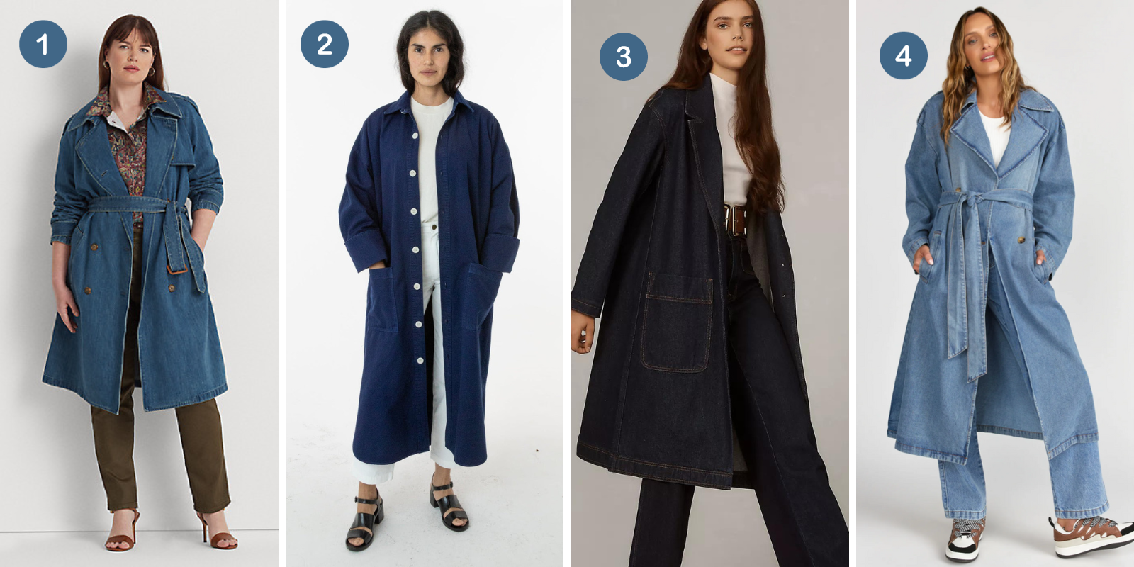 Left to right: 1. Plus sized denim trench, 2. Oversized gender neutral denim trench, 3. Navy blue polished wash denim trench, 4. Medium blue denim trench