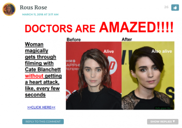 Photoshopped image. Heading: Doctors are AMAZED! Woman magically gets through filming with Cate Blanchett WITHOUT having a heart attack every five seconds.