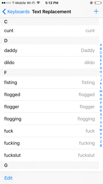 sample autocorrect list, including words like "dildo," "flogging," "fisting" and fuck"