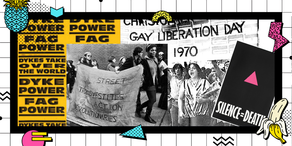 Collage image of LGBTQ activism including Queer Nation stickers that say 