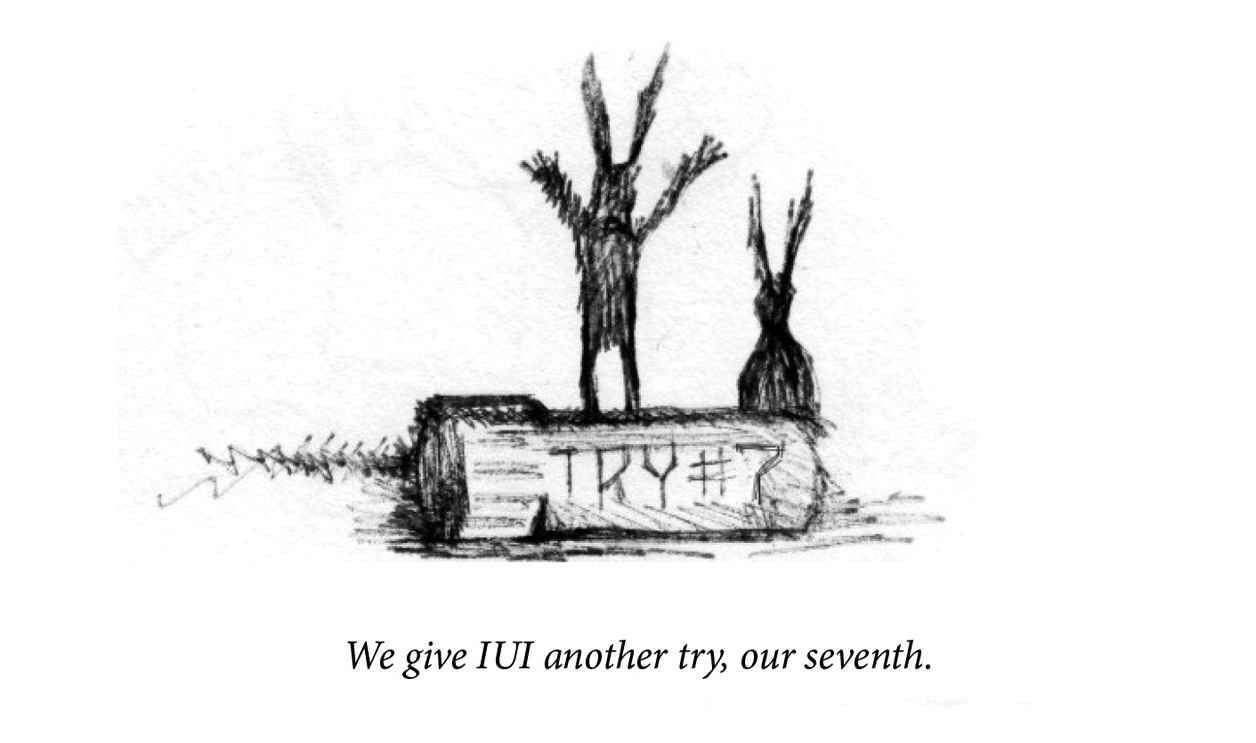 Image description: Two rabbits are in silhouette, drawn as scratched lines. In the foreground a vile reads, “Try #7”. Caption: “We give IUI another try, our seventh.