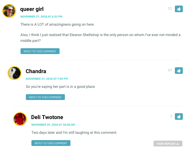 Queer Girl: I think I just realized that Eleanor Shellstrop is the only person on whom I’ve ever not minded a middle part? / Chandra: So would you say her hair is in...a good place