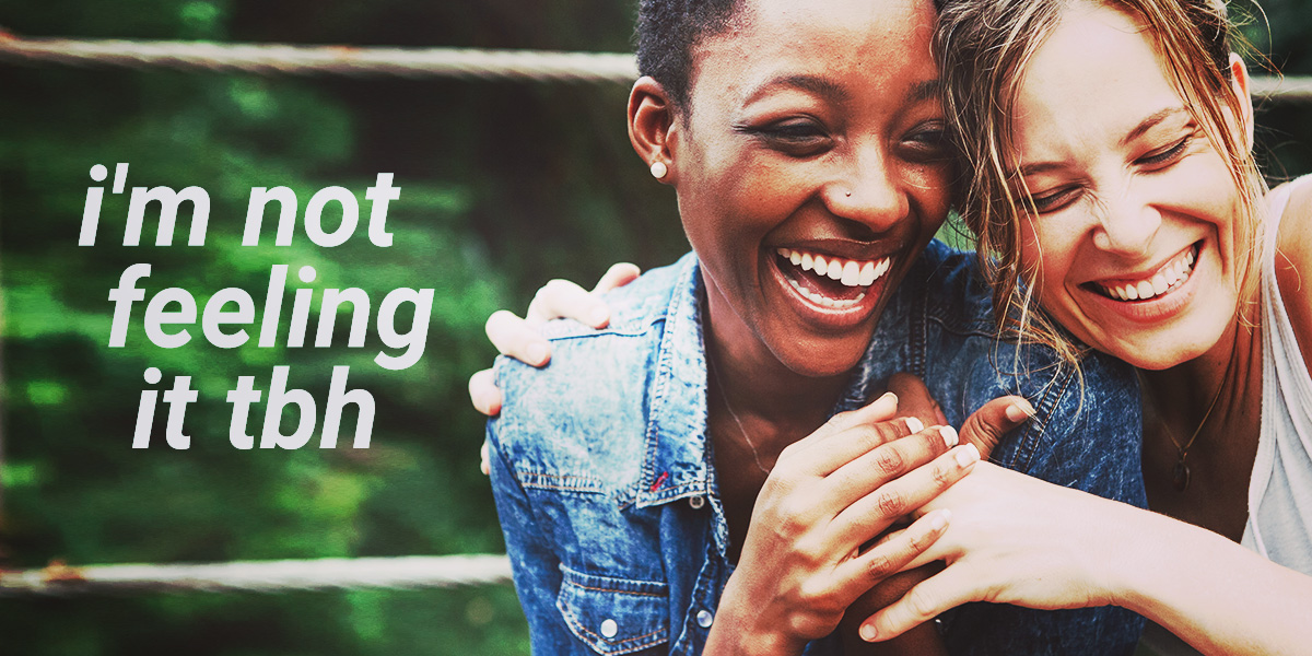 two women holding hands laughing w the text 