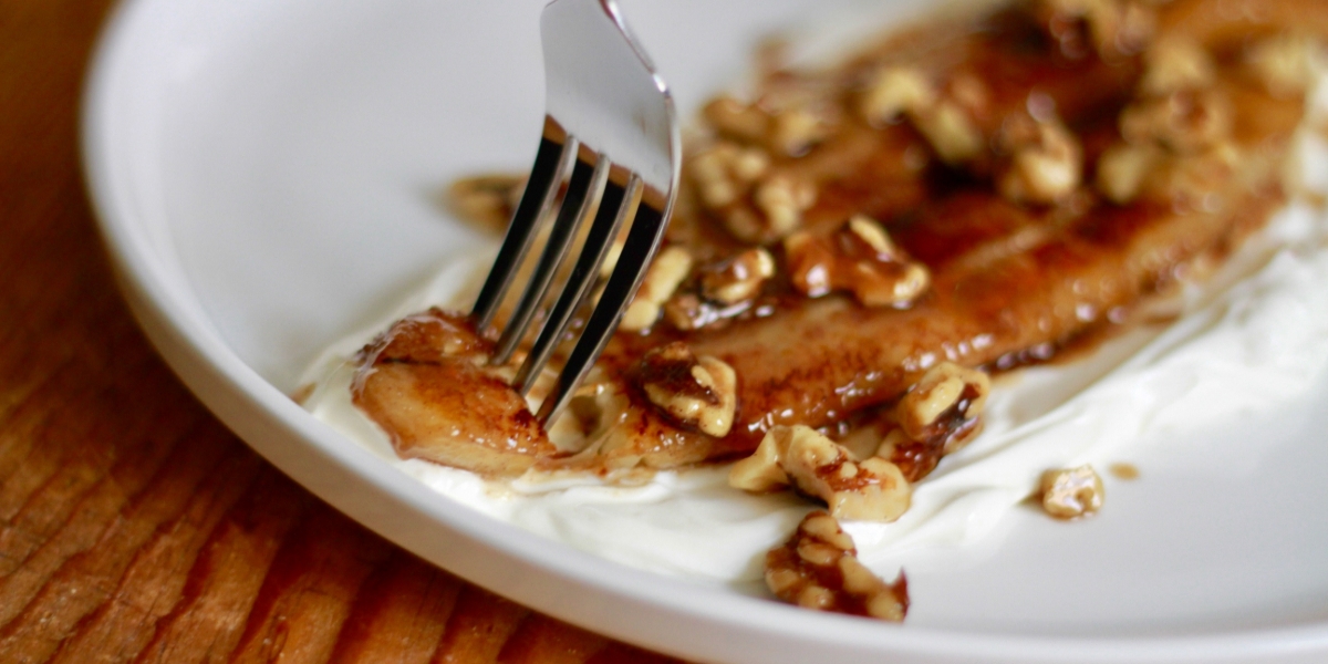 Femme Brûlée: Caramelized Bananas in Maple Walnut Sauce over Labneh