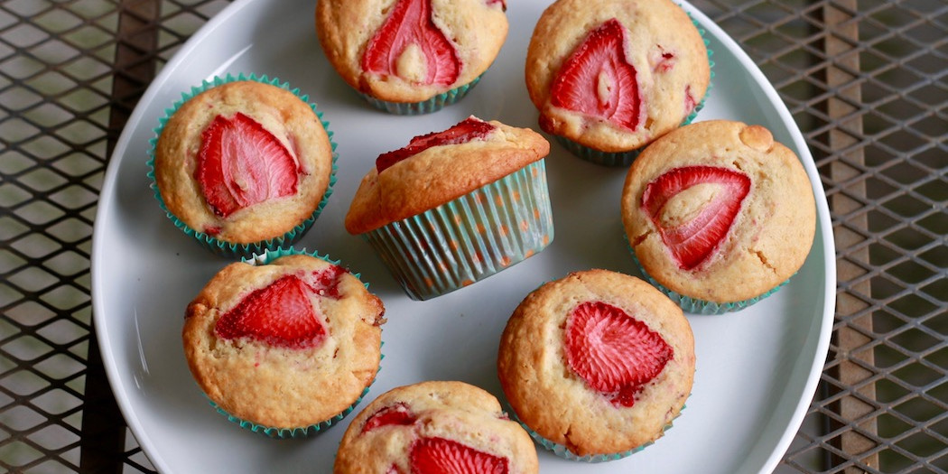 Femme Brûlée: Strawberry Almond Muffins with White Chocolate Chips