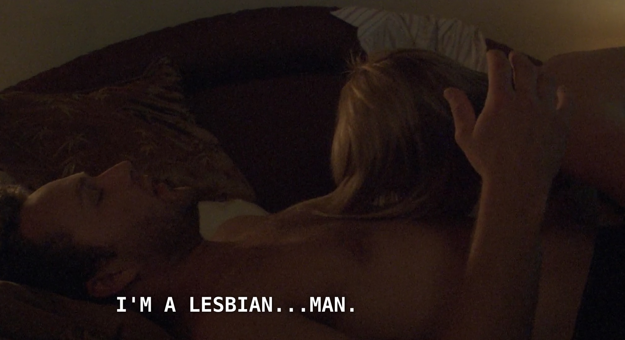 Alice and Lisa are having sex, with Alice on top of Lisa. Lisa says to Alice, "I'm a lesbian... man."