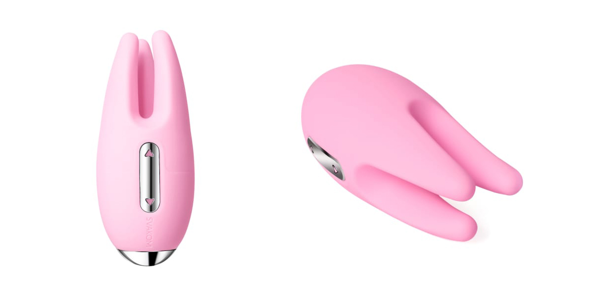 Images shows the Cookie Vibrator, a light pink three-pronged silicone vibrator