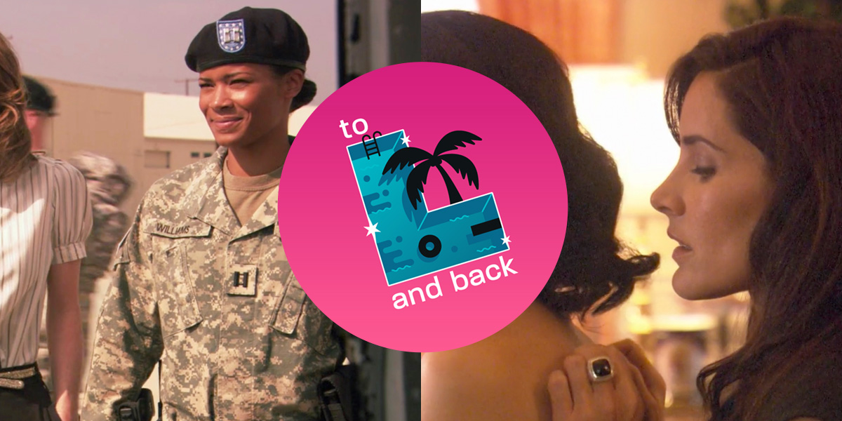 Split screen: Tasha in a military uniform on the left, Helena behind Catherine's naked body on the right. 