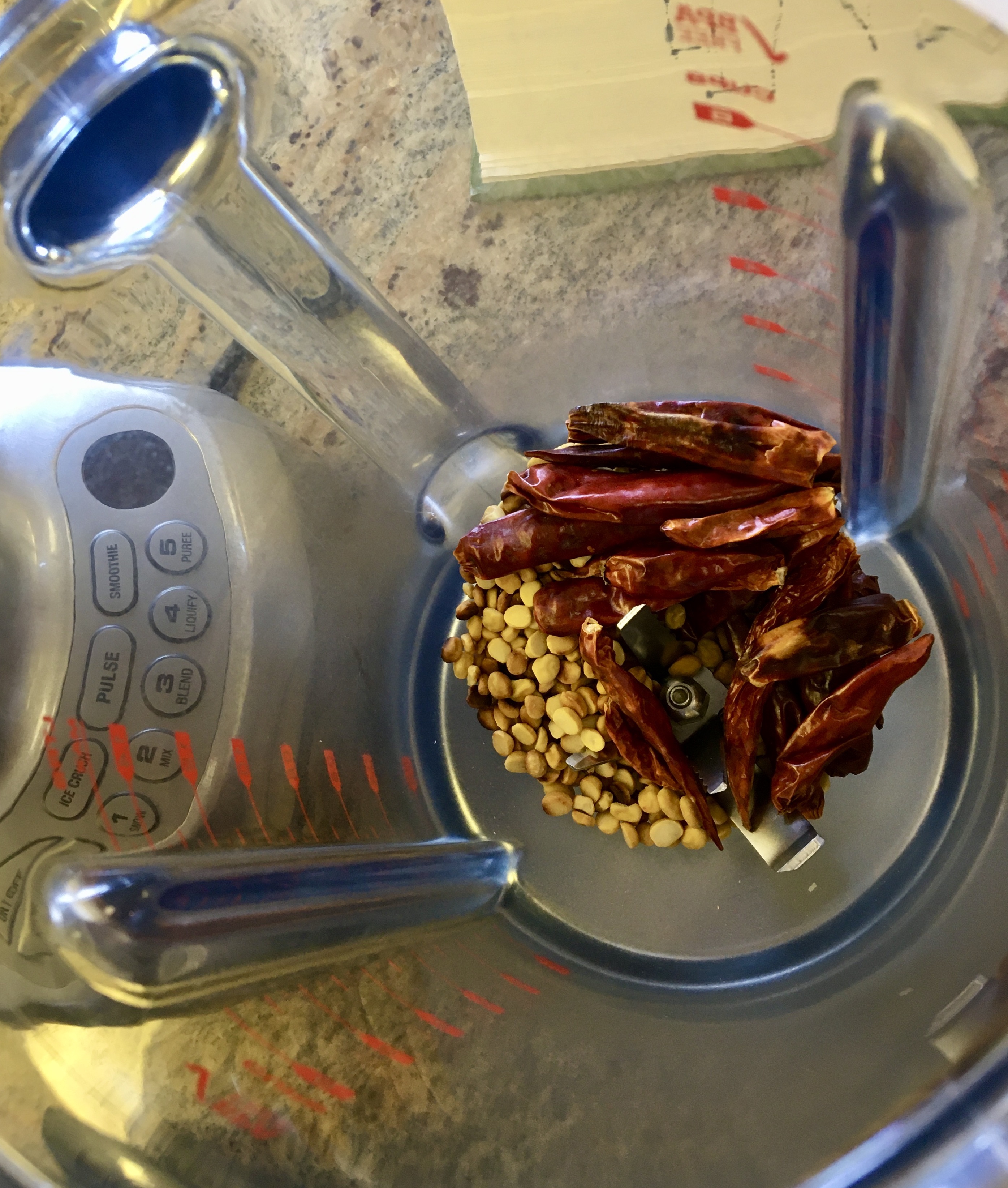 shot into a blender of chana dal and chili peppers about to get blended