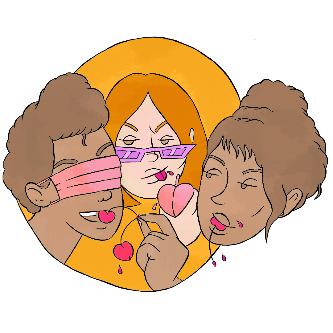 post quarantine date ideas - picnic - three queer people feeding each other fruit, one is blindfolded