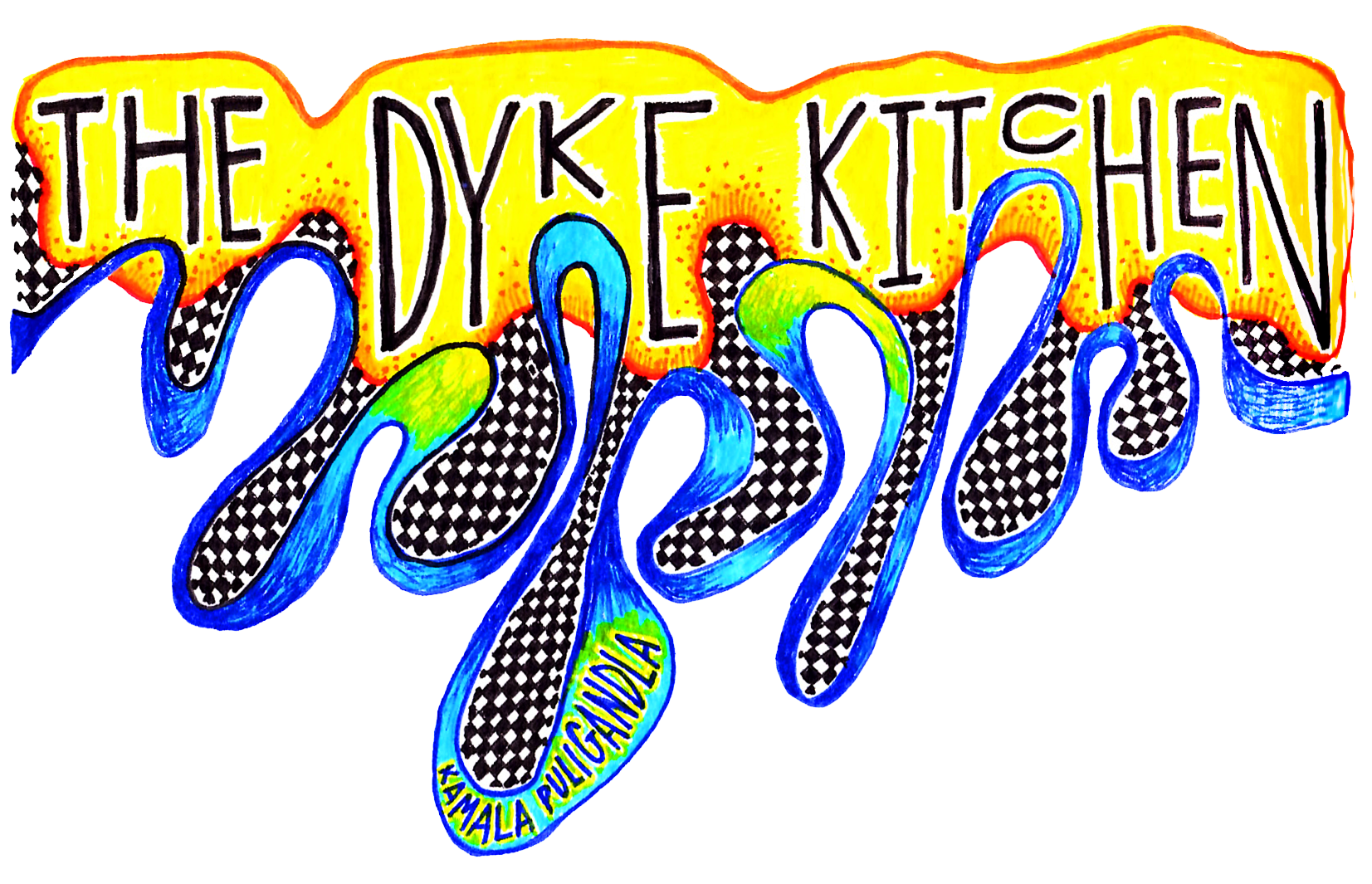 The Dyke Kitchen written over a drippy yellow shape that has checkerboard at the ends