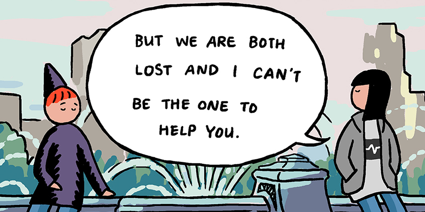 A cartoon of two friends sit on a park bench. One has short red hair and a pointy hat. The other has jet black hair to their shoulders and green jacket. The friend with the black hair says 