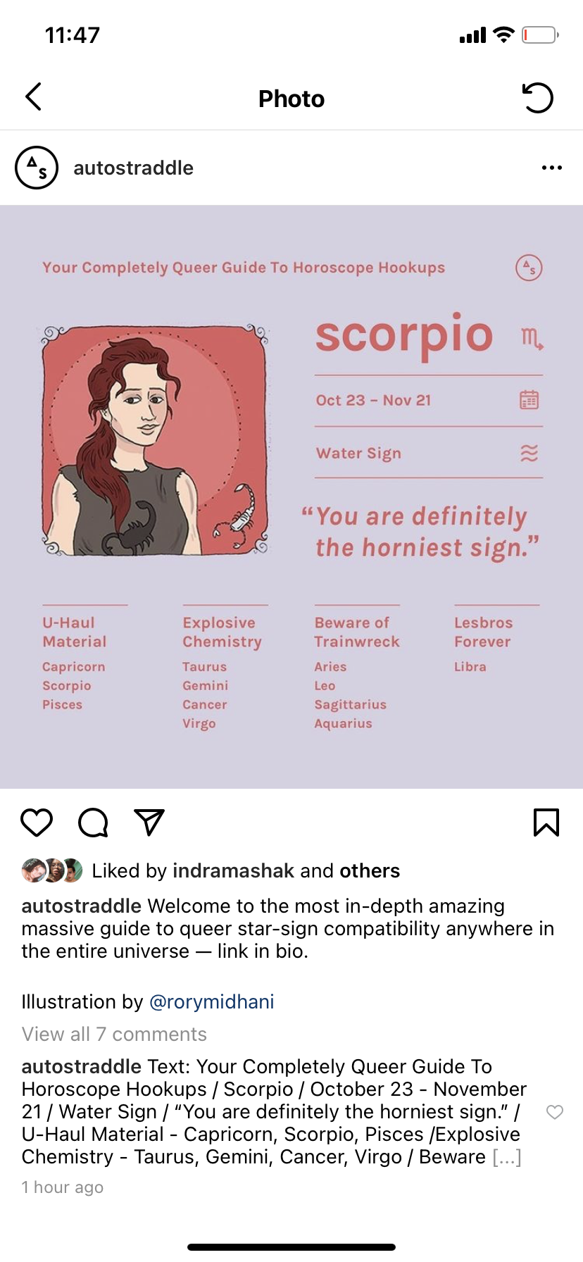 an iPhone screenshot of a Scorpio astrological profile card