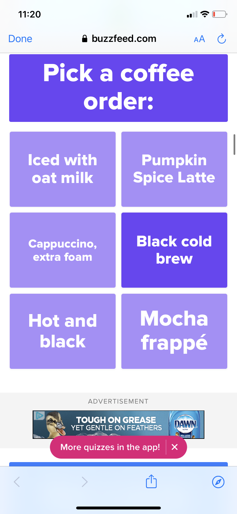 a choose-your-phrase graphic that lists "iced with oat milk," "pumpkin spice latte," "cappucino, extra foam," "black cold brew," "hot and black," or "mocha frappé"