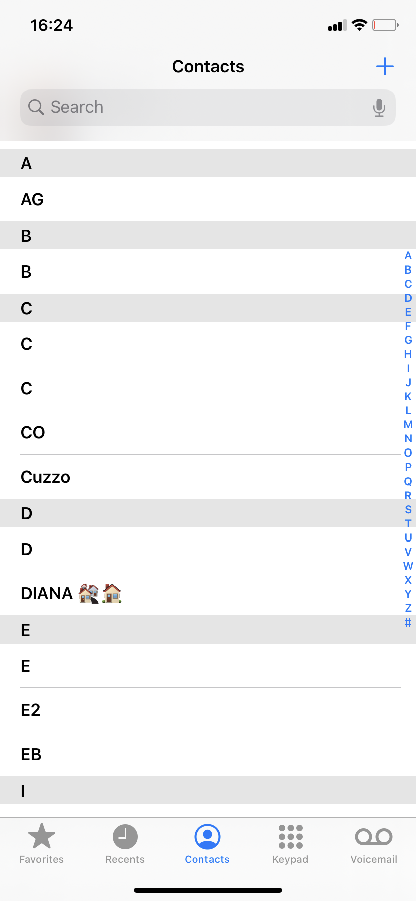 A screenshot of Shelli's contacts page, which is almost entirely empty; we can see labeled the names "Cuzzo" and "DIANA with two house emojis."