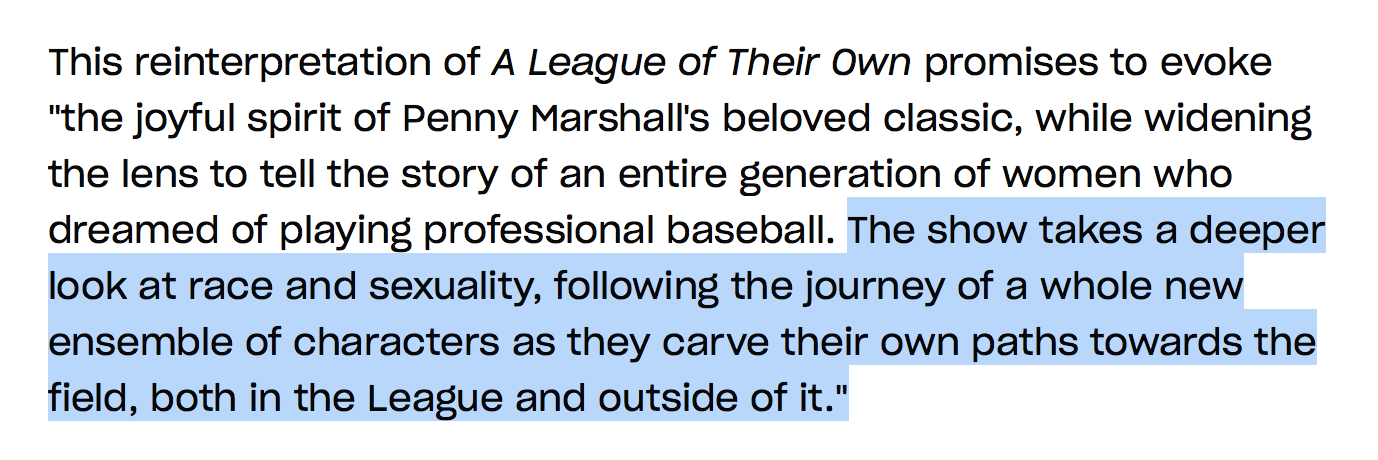A highlighted paragraph from the article describing Amazon's new television show, a reboot of A League of Their Own, which reads: "The show takes a deeper look at race and sexuality."