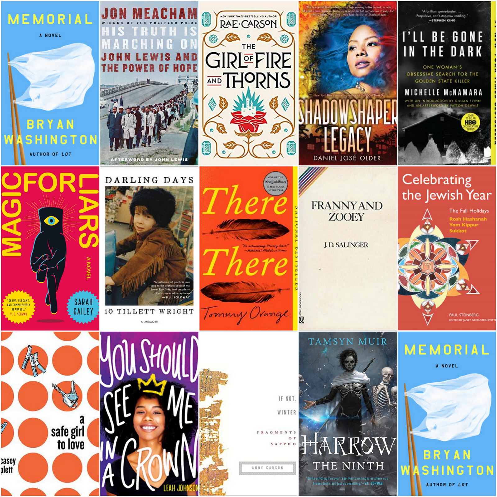 A collage of 15 book covers from the books the team is reading.