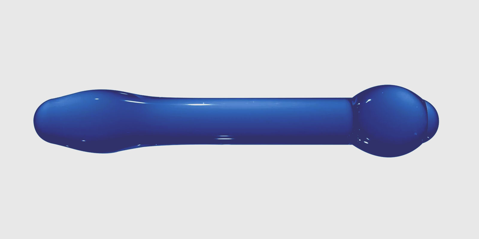 A straight blue glass dildo with a tapered tip on one end and a rounded bulb on the other