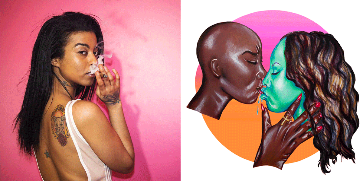 A collage of Lauralee Benjamin, who has long hair and is facing away from the camera, her tattoo showing on her back, against a pink wall — alongside one of her illustrations from the SLICK series. In the illustration, two women kiss. One woman is black with a bald head and the other is colored aqua marine with long wavy brown hair.