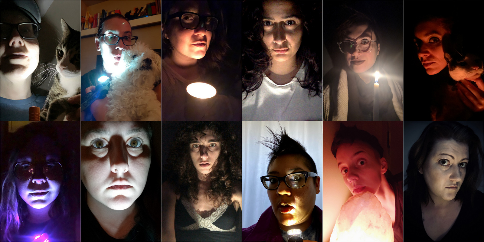 Collage showing various writers and editors holding candles, salt lamps, flashlights, and other glowing things under their faces, giving a spooky glow.