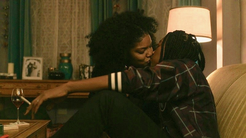 Dre and Nina, the lesbian couple from Lena Waithe's "The Chi," share a spliff and a kiss.