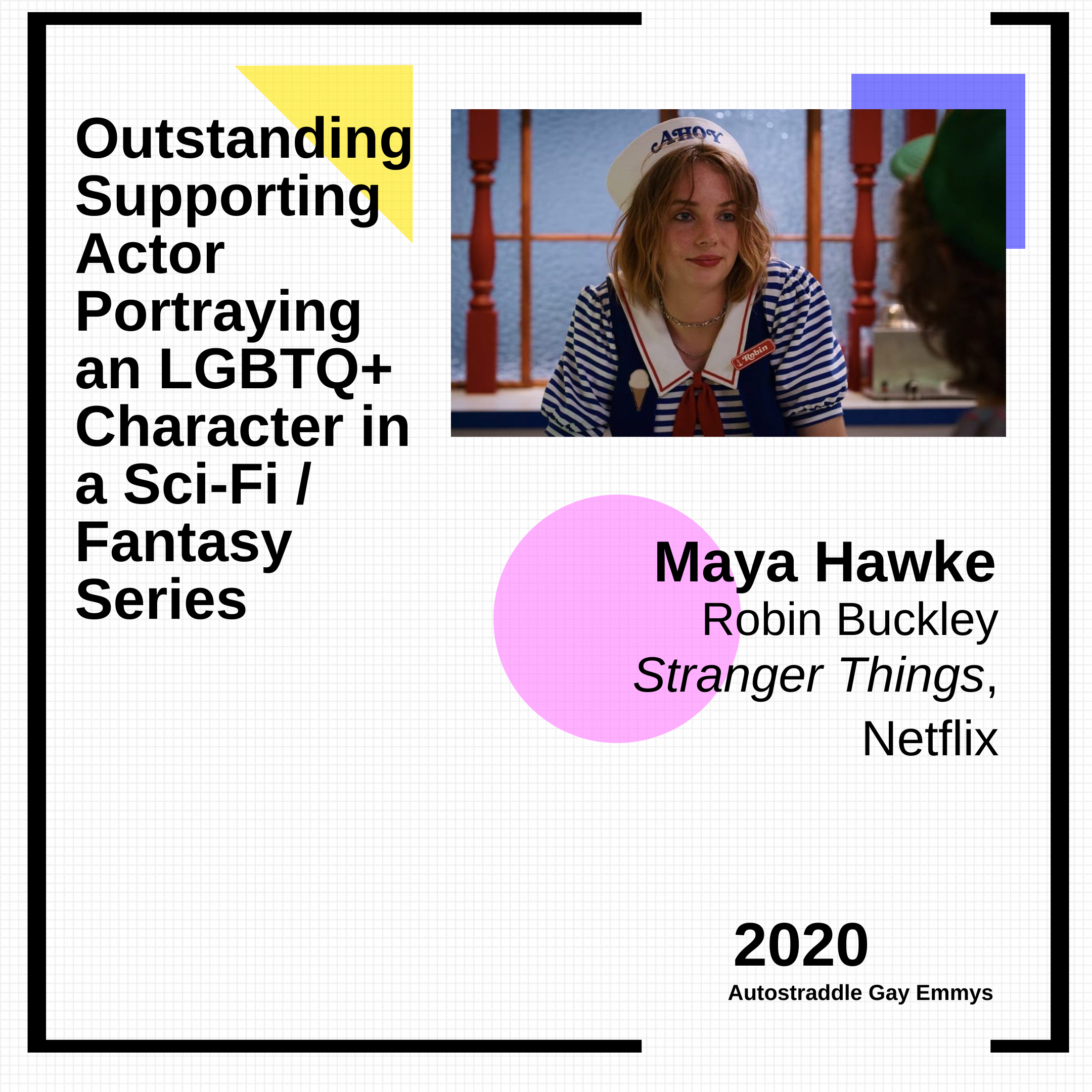Graphic announcing Outstanding Supporting Actor Playing an LGBTQ+ Character in a Sci-Fi/Fantasy Series: Maya Hawke as Robin Buckley, Stranger Things. Pic of Robin in a striped t-shirt and sailor hat.
