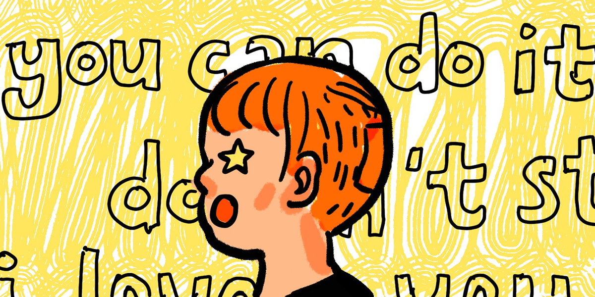 Yao, with a a short red hair cut and stars in their eyes, is drawn in front of a yellow background that says 