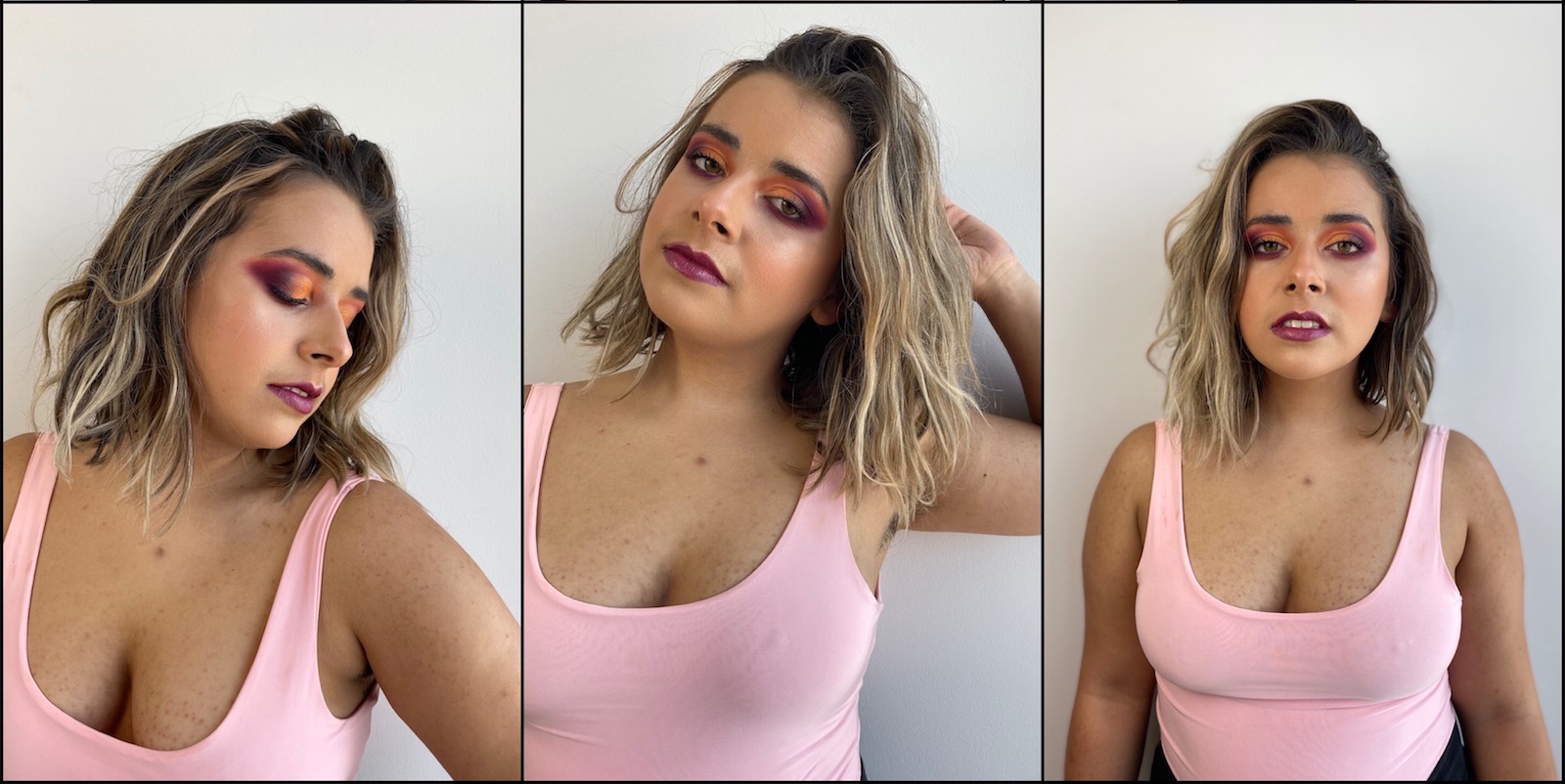 A three-photo collage of the author, Olivia Zayas Ryan, in dramatic makeup. The tones are magenta and orange and she poses with her eyes closed and staring directly at the camera.