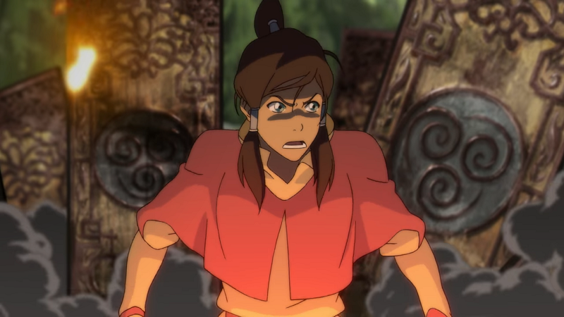 Korra looks around at the 2000-year old airbending training device that she has destroyed in her anger and frustration.