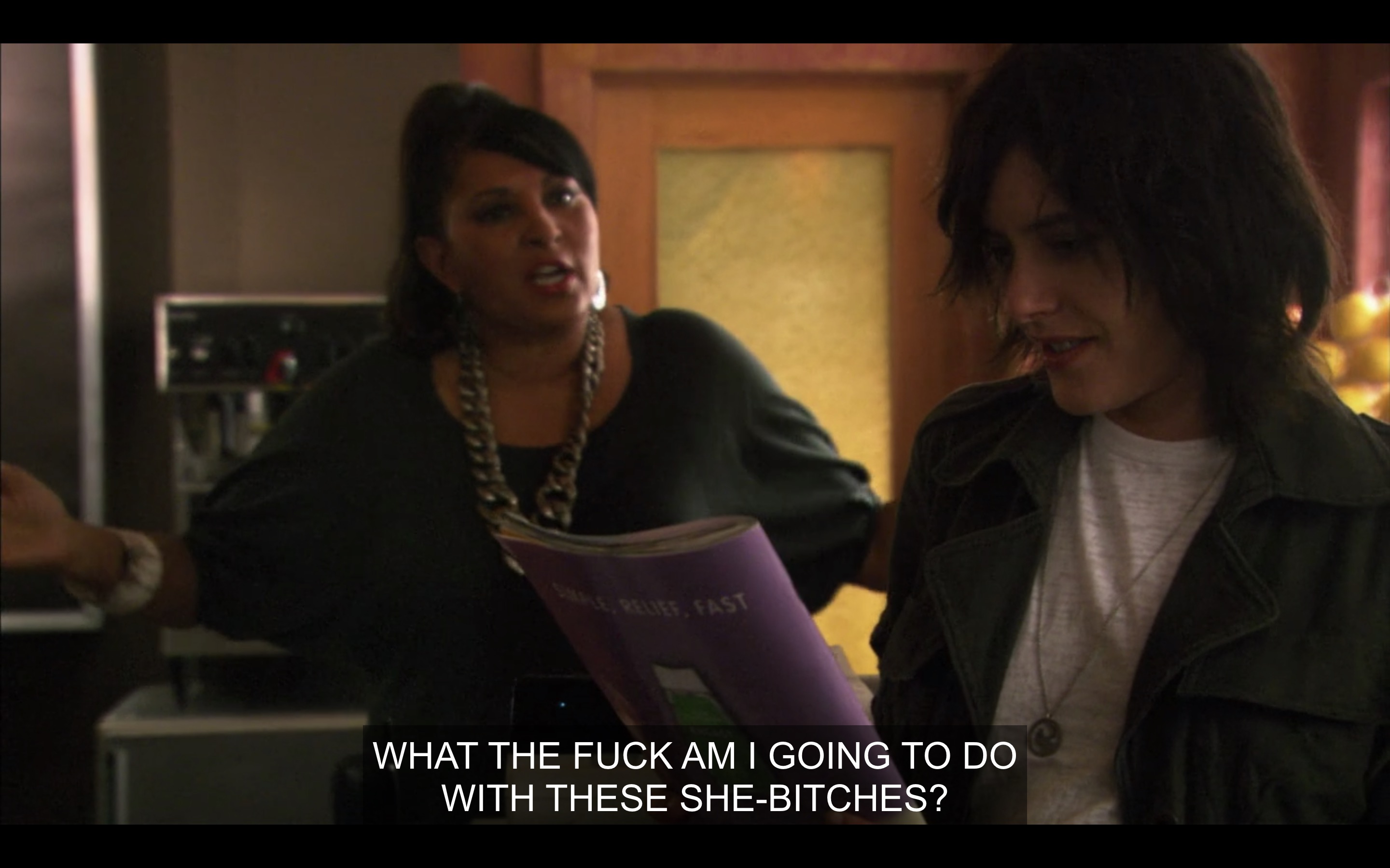 In The Planet, Shane looks at a magazine and Kit asks "what am I gonna do with these she-bitches?"
